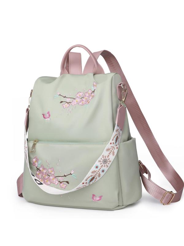 Vintage Floral Embroidered Design Backpack, Fashion Large Capacity Nylon Zipper Shoulder Bag for Women and Girls, Trendy All-match Bag for Daily Used