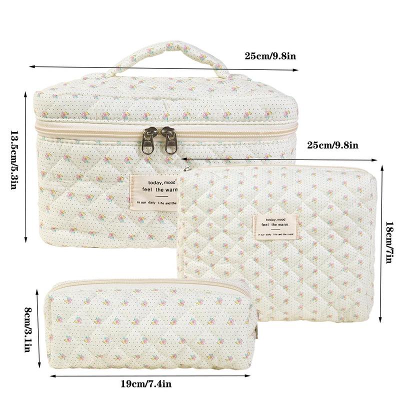 Floral Pattern Quilted Makeup Bag Set, 3 Counts Large Capacity Cosmetic Storage Bag, Zipper Makeup Organizer Bags for Travel