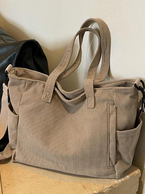 Women's Casual Plain Corduroy Tote Bag, Large Capacity Student Class Shoulder Bag, Minimalist Solid Color Pocket Design Crossbody Tote Bag with Adjustable Strap, Simple Work Crossbody Bag, for Fall