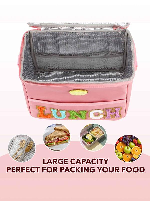 Letter Patched Lunch Bag, Large Capacity Insulated Lunch Bag with Handle, Portable Lunch Bag for Outdoor Camping Picnic School Office