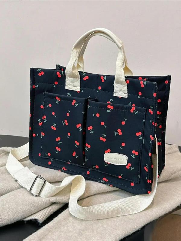 Women's All Over Cherry Print Tote Bag, Fashionable Large Capacity Multi-pocket Shoulder Bag, Adjustable Strap Handbag for Women, Casual Trendy Versatile High-quality Daily Commuting Bag