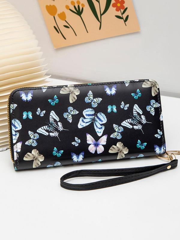 Women's Fashion Butterfly Pattern Long Wallet with Wristband, Casual PU Leather Zipper Wallet for Daily Used, Trendy Versatile High-quality Daily Wallet