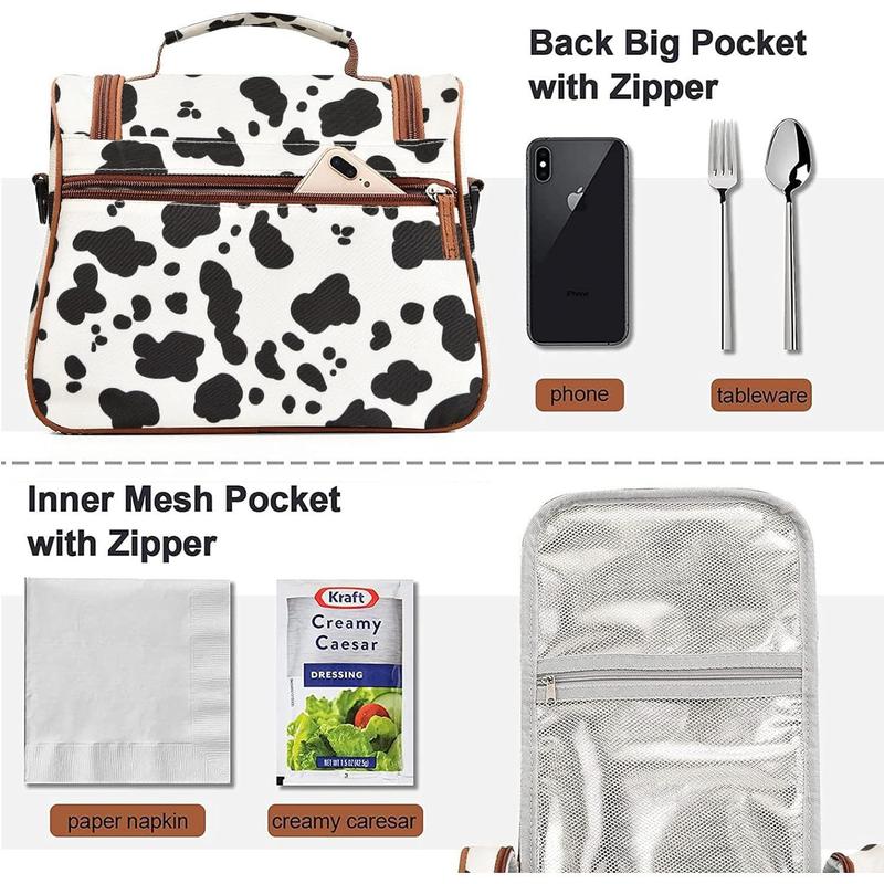 Insulated Lunch Bag Stylish Cooler Tote Reusable Lunch Box Container with Shoulder Strap for Work Picnic or Travel (Cow)