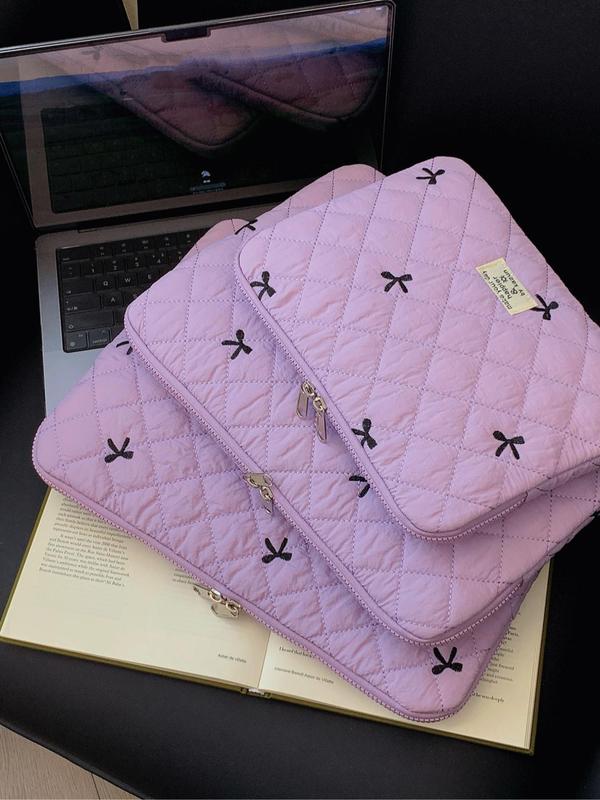 Quilted Laptop Bag, with Bow Patterns, Letters Label Decor Laptop Bag, Portable Lightweight Anti-collision Laptop Bag, Fashionable Laptop Bag for Women & Girls Back To School Gifts for Girlfriend