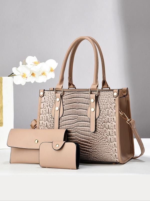 Women's Elegant Crocodile Embossed Handbag & Wristlet & Coin Purse, Fashionable PU Leather Crossbody Bag & Wristlet & Coin Purse, Casual Trendy Versatile High-quality Daily Commuting Bag Set