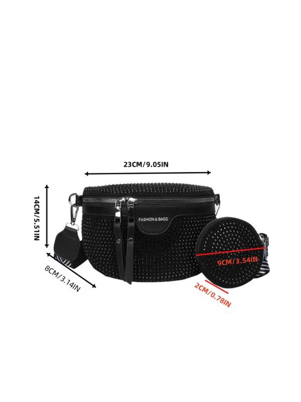 Women's Elegant Rhinestone Decorated Fanny Pack & Coin Purse, Fashionable Zipper Design Chest Bag & Coin Purse, Casual  High-quality Daily Commuting Bag Set