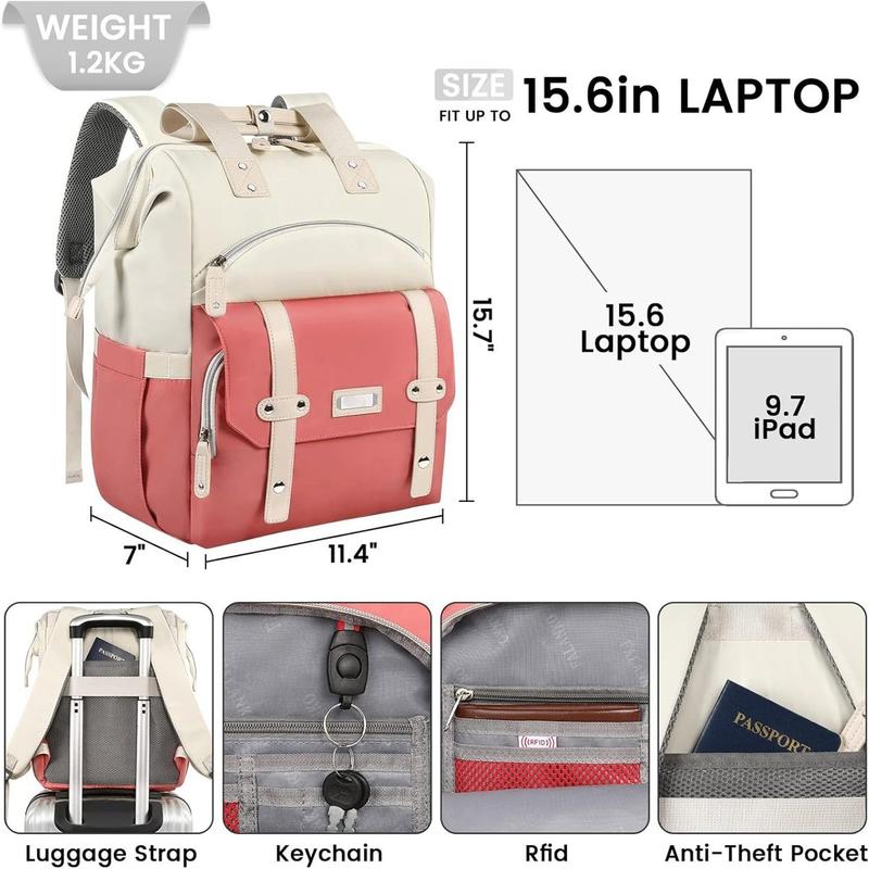 Laptop Backpack for Women,Teacher Doctor Nurse Work Purse Bag for 15.6 Inch Laptop, Wide Open backpack With USB Charging Port RFID Pocket, Large, Water Resistant