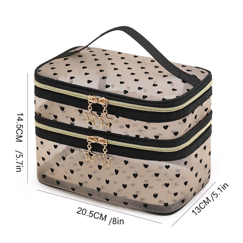 Portable Double-layer Heart Pattern Makeup Bag, 1 Count Large Capacity Travel Cosmetic Storage Bag, Zipper Makeup Organizer Pouch, Christmas Gift