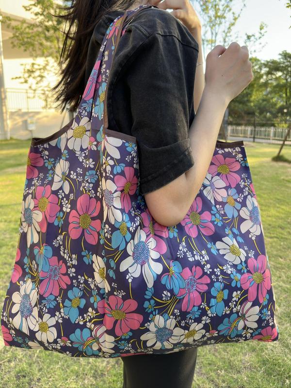 Cute Flower Pattern Shopping Bag, Trendy Waterproof Large Capacity Shopping Bag, Summer 2024 Versatile Foldable Durable Shopping Bag for Daily Use