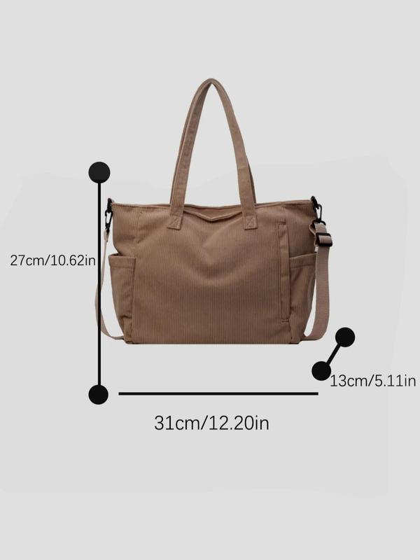 Women's Casual Plain Corduroy Tote Bag, Large Capacity Student Class Shoulder Bag, Minimalist Solid Color Pocket Design Crossbody Tote Bag with Adjustable Strap, Simple Work Crossbody Bag, for Fall