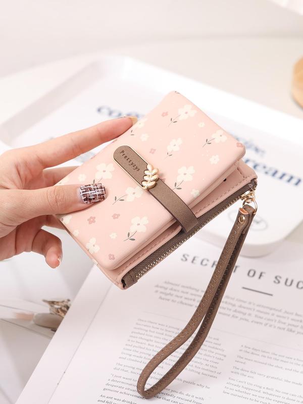 Women's Preppy Style Floral Pattern Short Wallet, Casual Trendy Zipper Short Folding Coin Coin Purse, Versatile Pu Leather Card Slots Coin Purse for Daily Use