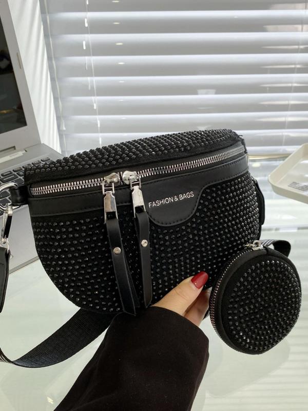 Women's Elegant Rhinestone Decorated Fanny Pack & Coin Purse, Fashionable Zipper Design Chest Bag & Coin Purse, Casual  High-quality Daily Commuting Bag Set