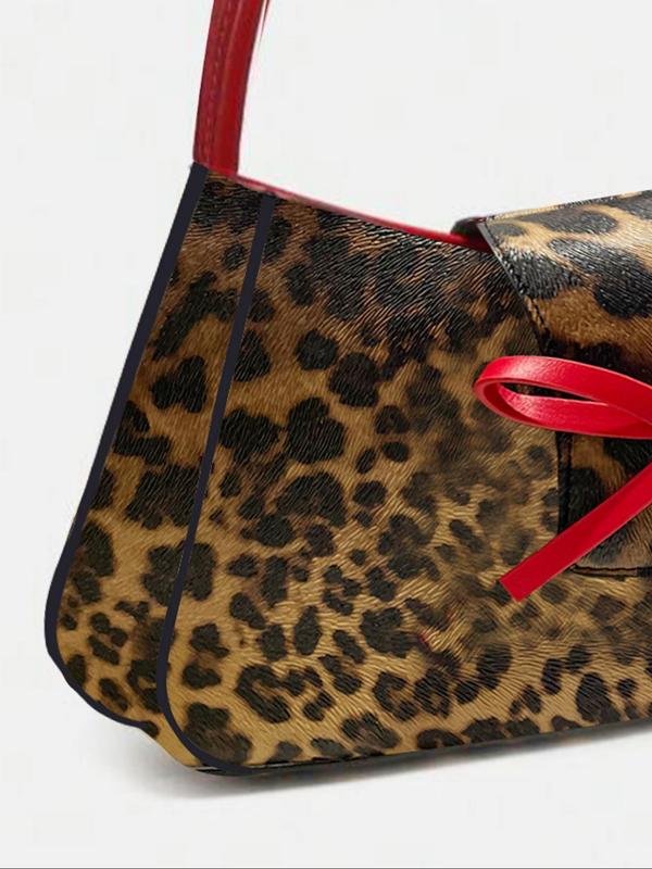 Women's Fashion Leopard Print Bow Decorated Shoulder Bag, Casual Versatile Baguette Bag for Daily Used, Trendy All-match Commuter Bag