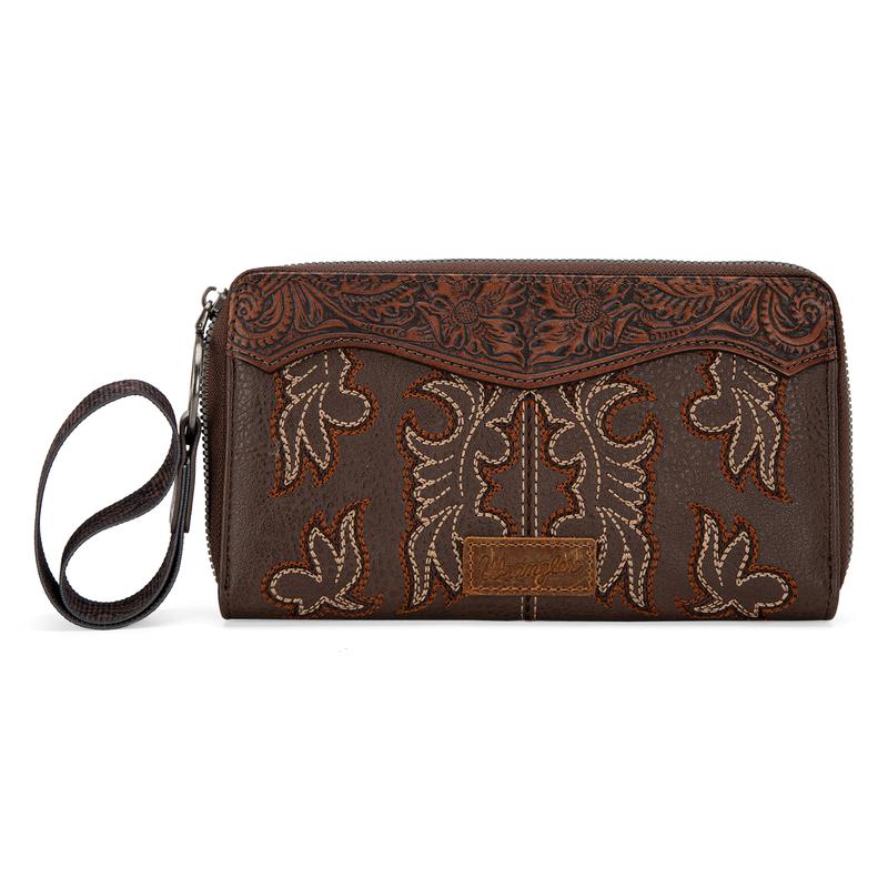 Wrangler Wristlet Western Wallet for Women Floral Tooled Clutch Boot Stitch Bifold Wallet with Card Holder