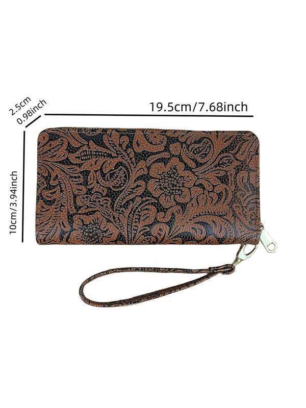 Women's Vintage Floral Pattern Embossed Long Wallet, Casual Zipper Wallet for Daily Used, Trendy All-match Multiple Slots Card Holder, Fall Outfits, Earthtone Fall Freshness