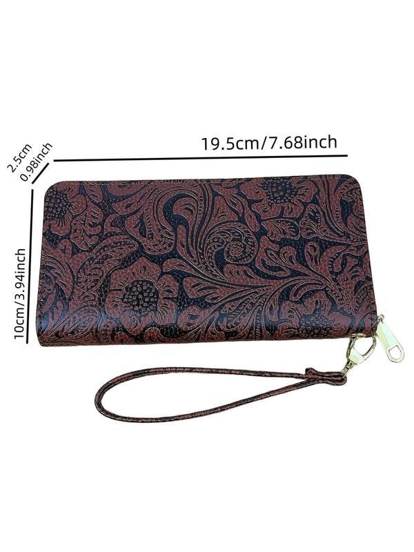 Women's Vintage Floral Pattern Embossed Long Wallet, Casual Zipper Wallet for Daily Used, Trendy All-match Multiple Slots Card Holder, Fall Outfits, Earthtone Fall Freshness