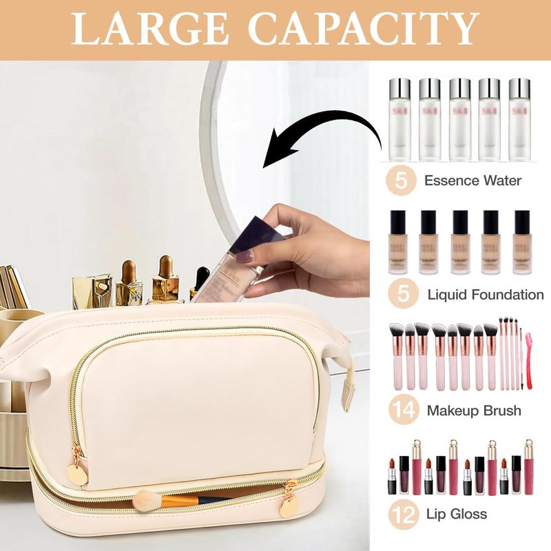 Hairao Large Double Layer Makeup Bag Organizer,Portable Toiletry Bag,Cosmetic Travel Bag, Leather Makeup Bag,Waterproof Roomy Bag For Women And Girls