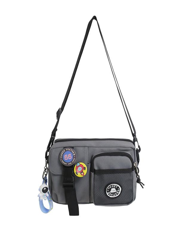 Simple Plain Zipper Crossbody Bag, Multifunctional Sling Bag, Shoulder Bag with Space Astronaut Medal Decoration & Keychain, Designer Crossbody Bags for Men, Schoolbag for Travel, Purses As College Gifts