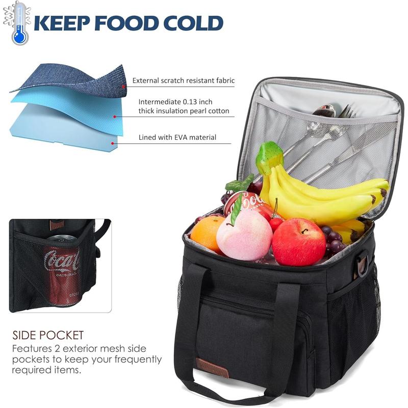 Insulated Lunch Bags for Men Women Lunch Bags Large Lunch Box Leakproof Soft Cooler Tote Bag (Black, 12L)