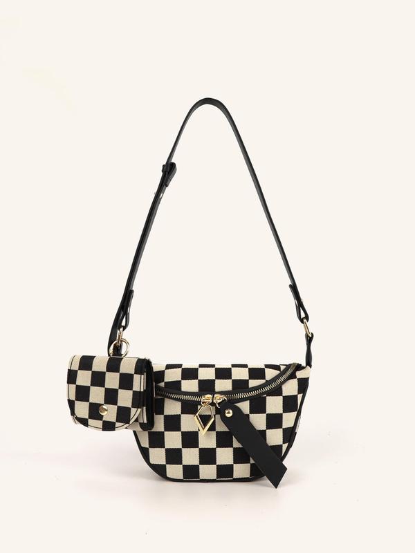 Women's Checked Pattern Fanny Pack, with Headphone Bag, Fashionable PU Leather Zipper Bum Bag for Daily Used, Casual Trendy Versatile High-quality Daily Commuting Bag