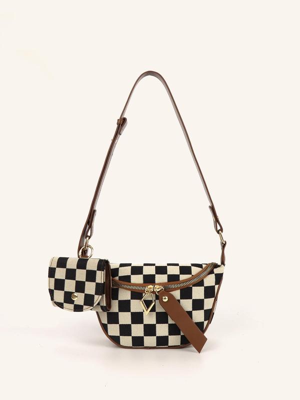 Women's Checked Pattern Fanny Pack, with Headphone Bag, Fashionable PU Leather Zipper Bum Bag for Daily Used, Casual Trendy Versatile High-quality Daily Commuting Bag