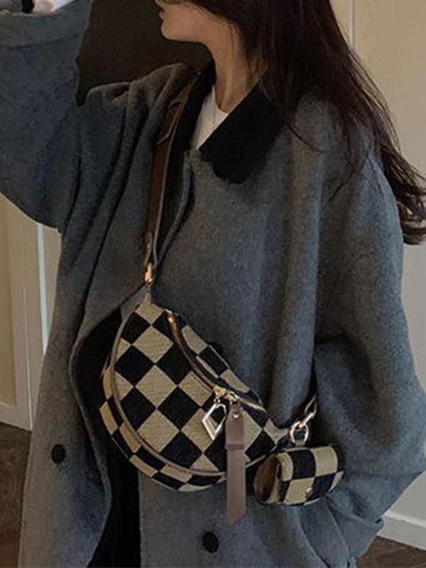 Fashionable Checkerboard Pattern Shoulder Bag with Coin Purse, Casual Versatile Colorblock Zipper Chest Bag for Women, Trendy All-match Sling Bag for Daily Used