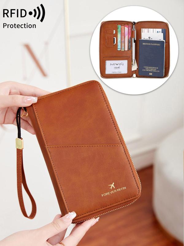 Letter Pattern Passport Case with Zipper & Wrist Strap, 2024 New Style Rfid Blocking Passport Holder, Travel Document Holder for Men & Women