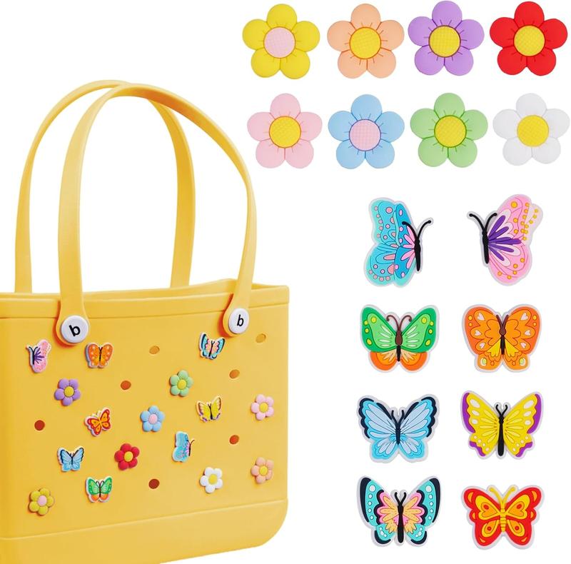 16 count Flower Charms Accessories for Bogg Bag, Butterfly Decoration Charms for Women Girls, Cute Insert Decorative Charms Rubber Beach Tote Bag Accessories