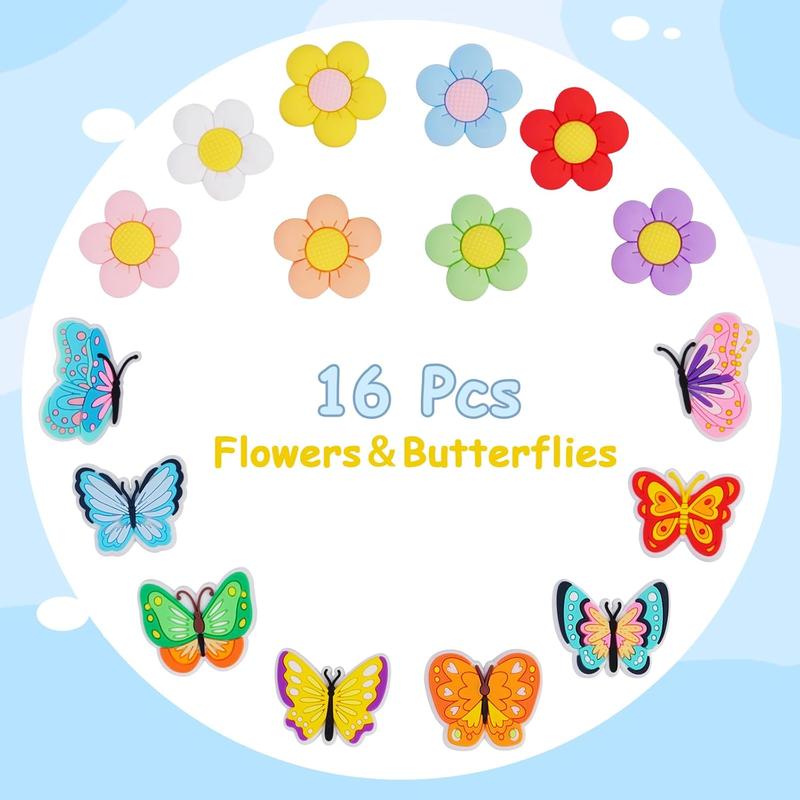 16 count Flower Charms Accessories for Bogg Bag, Butterfly Decoration Charms for Women Girls, Cute Insert Decorative Charms Rubber Beach Tote Bag Accessories