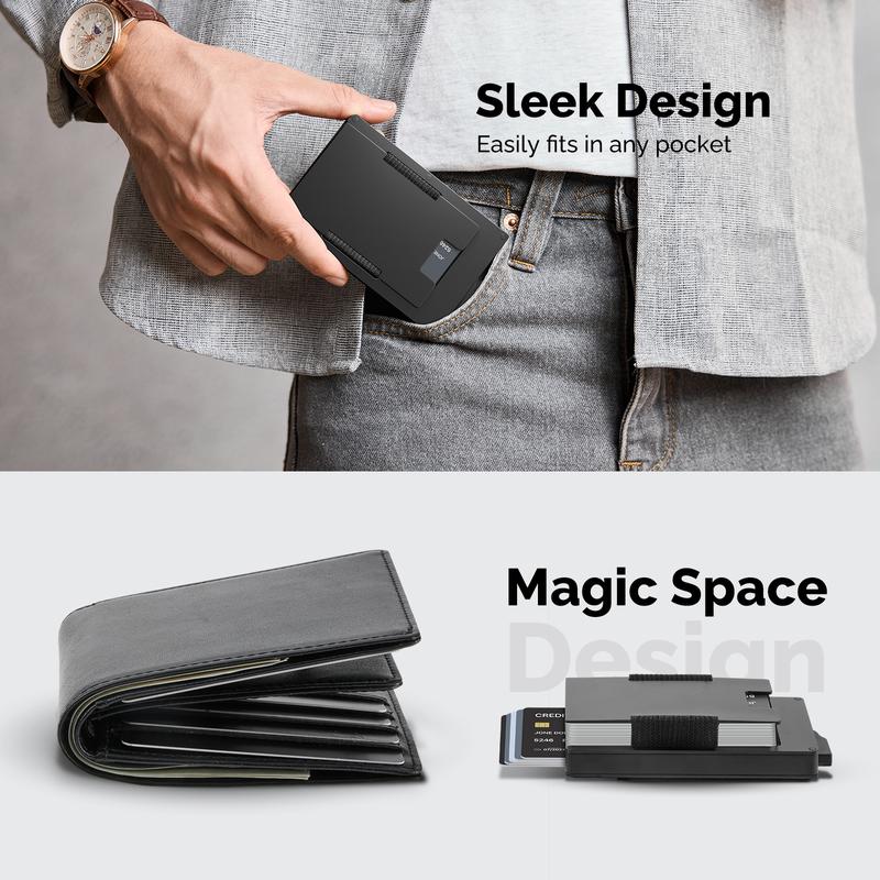 Minimalist Wallet For Men With Magic credit Card Slot - Holds 10-20 Cards, Rfid Blocking, Slim Aluminum Case Pop-Up Money Clip, Sleek Design