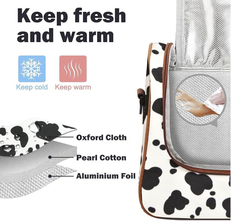 Insulated lunch bag, fashionable refrigerated handbag, reusable lunch box container with shoulder straps, suitable for work, picnic or travel (cows)