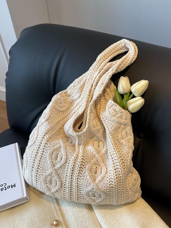 Women's Solid Color Crochet Tote Bag, Tote Bags for School Fashionable Minimalist Shoulder Bag for Daily Life, Casual Trendy Versatile Large Capacity Commuting Bag