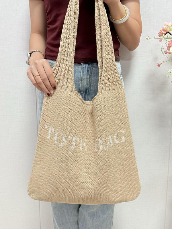 Women's Solid Color Crochet Tote Bag, Tote Bags for School Fashionable Minimalist Shoulder Bag for Daily Life, Casual Trendy Versatile Large Capacity Commuting Bag