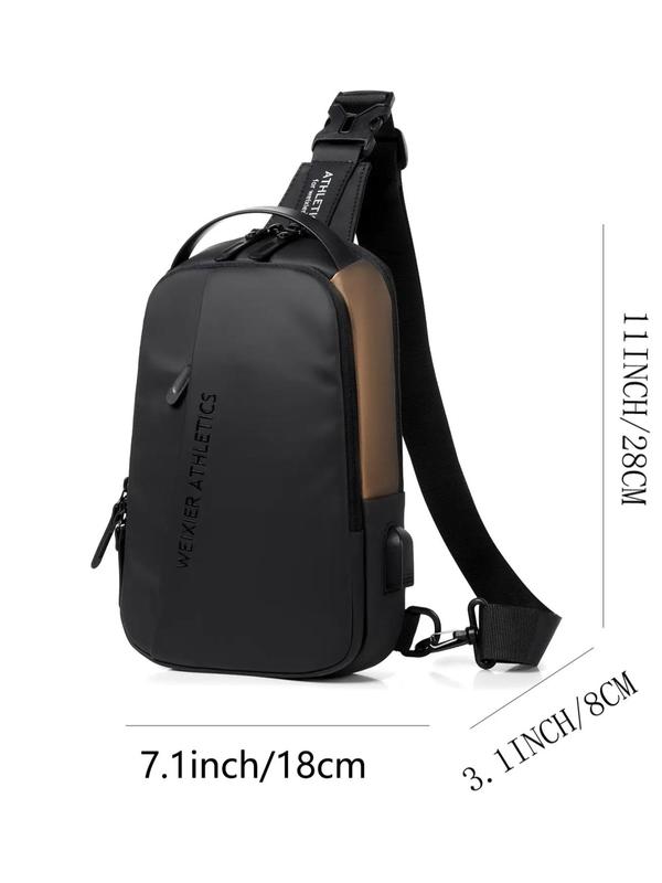 Men's Solid Color Letter Pattern Zipper Chest Bag with Usb Port, Casual Trendy Lightweight Funny Pack, Fashionable Sling Bag for Daily Use