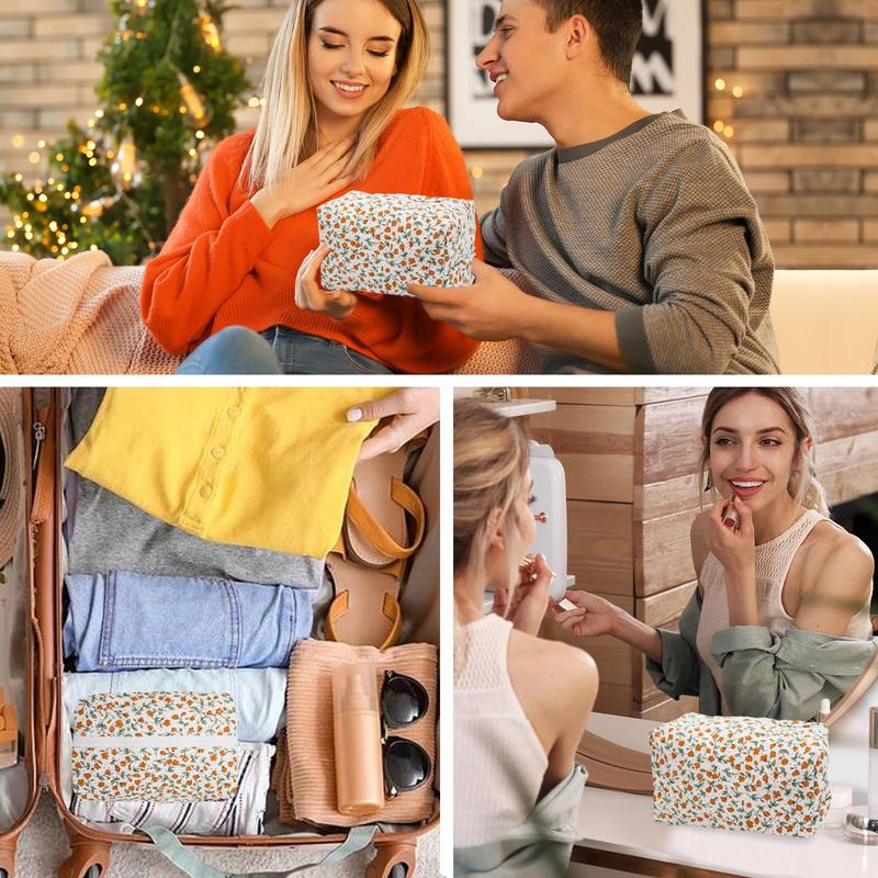 Floral Pattern Quilted Makeup Bag, Portable Large Capacity Travel Bag, Anti-pressure and Anti-collision Cosmetic Bag, Brush Storage Bag for Women