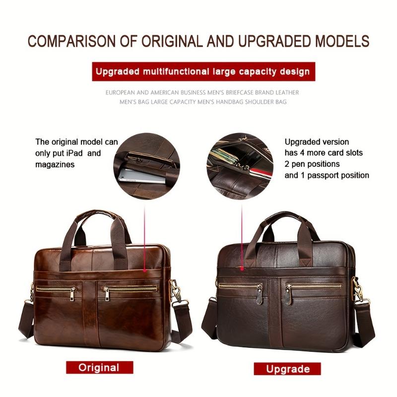 Genuine Leather Briefcase, 14.9 Inch Laptop Compartment, Business Messenger Bag