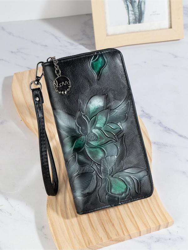 Women's Elegant Floral Embossed Long Wallet, Vintage Zipper Wallet, Multi Card Slot Clutch Purse, Fashionable Wallet for Women