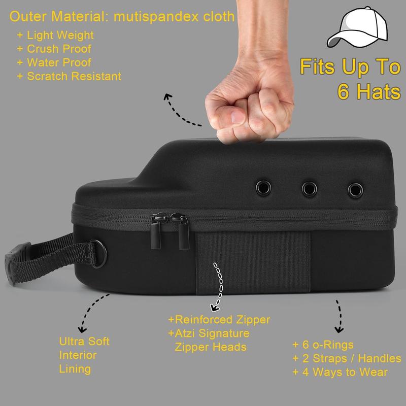 Hard Baseball Hat Case with 6 count Hat Hooks, Hat Carrier Travel Case with Adjustable  Strap, Hat Cap Case for 6 Baseball Caps -  for Traveling (Black)