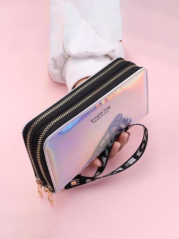 Women's  Fashionable Long Wallet, Casual Letter Graphic Laser Zipper Long Wallet, Modern Business Credit Card Holder with Wristlet for Girl Daily Use