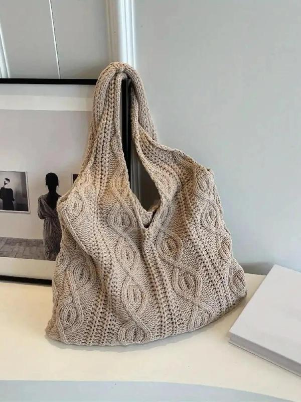 Women's Solid Color Crochet Tote Bag, Tote Bags for School Fashionable Minimalist Shoulder Bag for Daily Life, Casual Trendy Versatile Large Capacity Commuting Bag