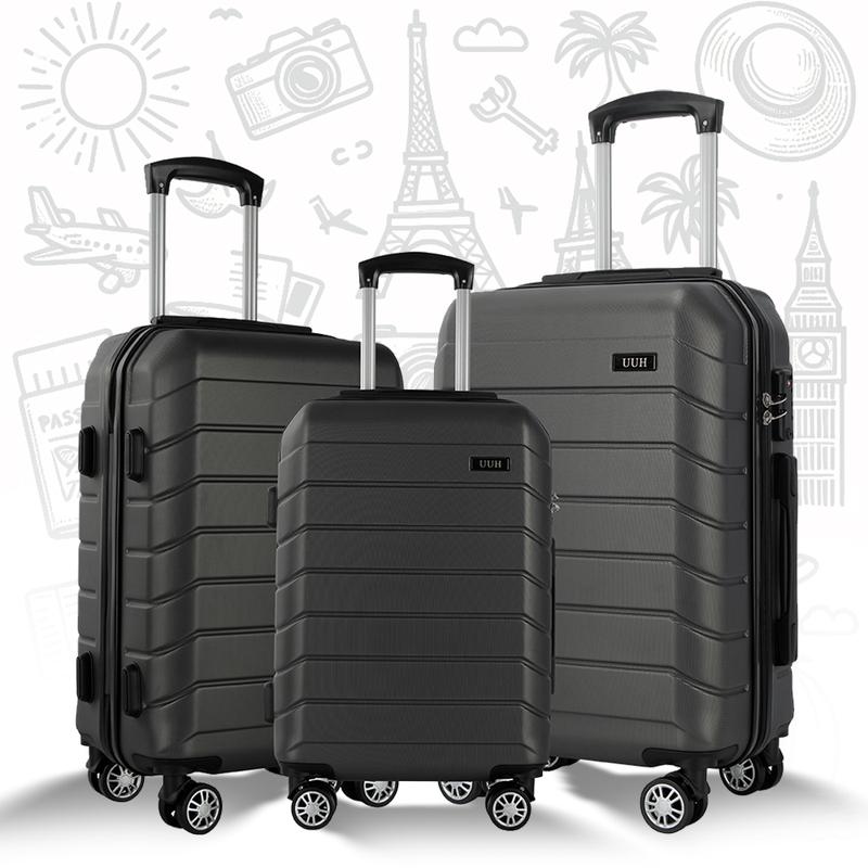 UUH 3 Pieces Luggage Set, Trolley case, ABS Hard Shell Lightweight Luggage with TAS Lock and 4 360° Spinning Silent Wheels Luggage Silver Gray Blue 20 24 28 inch