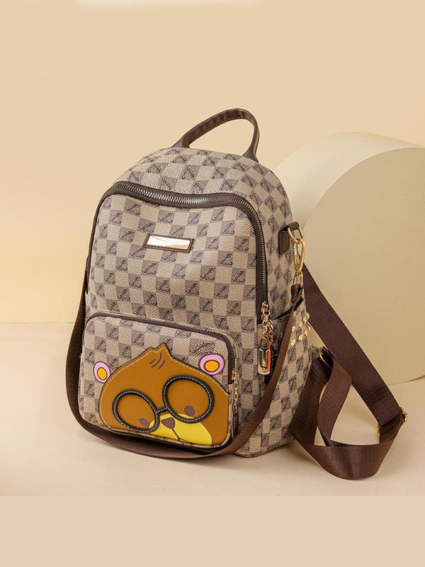 Cute Cartoon Bear Pattern Backpack, Fashionable Plaid Print Zipper Backpack for Women & Men, Large Capacity Bookbag for Daily Used and Worked