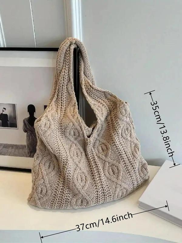 Women's Solid Color Crochet Tote Bag, Tote Bags for School Fashionable Minimalist Shoulder Bag for Daily Life, Casual Trendy Versatile Large Capacity Commuting Bag