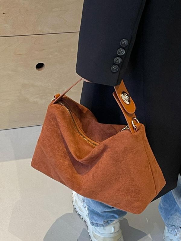 Women's Solid Color Suede Shoulder Bag, Fashionable Zipper Crossbody Bag for Daily Travel Work Commute, Casual Trendy Versatile High-quality Daily Commuting Bag