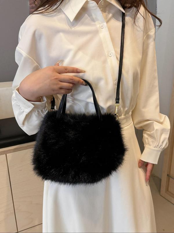 Women's Solid Color Fluffy Shoulder Bag, Fashionable Plush Crossbody Bag for Daily Used, Casual Trendy Versatile High-quality Daily Commuting Bag