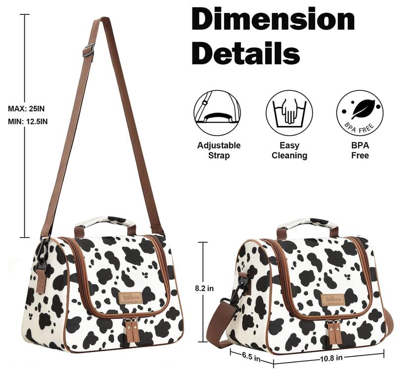 Insulated lunch bag, fashionable refrigerated handbag, reusable lunch box container with shoulder straps, suitable for work, picnic or travel (cows)