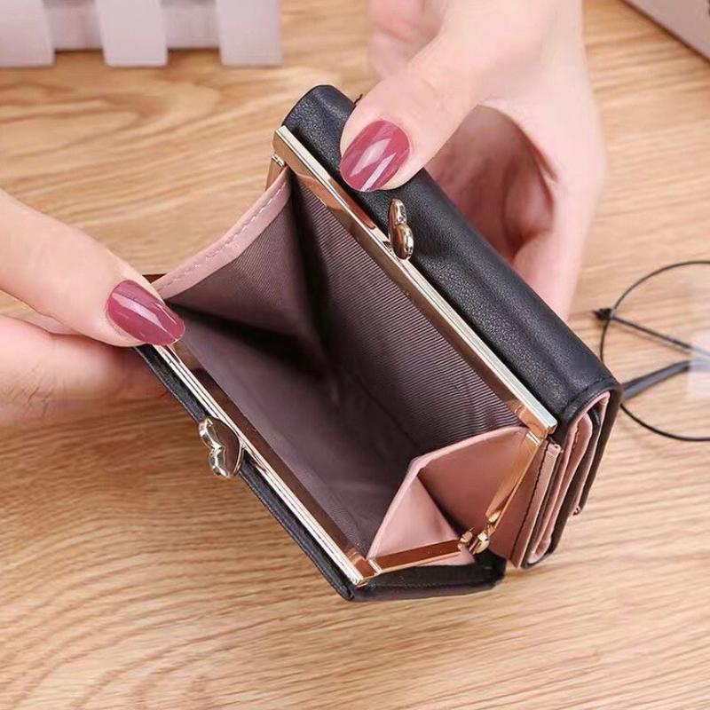 Snap Closure Trifold Wallet for Women Kiss-lock Clutch Credit Cards Holder Coin Purse