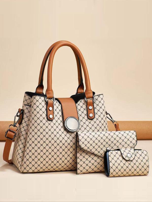 Women's Fashionable Geometric Pattern Lux Bag Set, Large Capacity Shoulder Bag & Clutch & Wallet, Casual Trendy Versatile High-quality Daily Commuting Bag Set