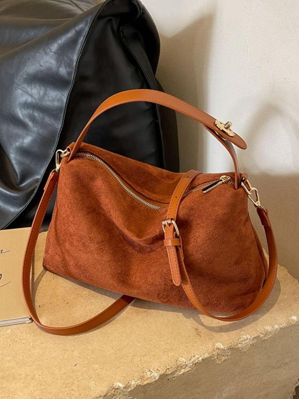 Women's Solid Color Suede Shoulder Bag, Fashionable Zipper Crossbody Bag for Daily Travel Work Commute, Casual Trendy Versatile High-quality Daily Commuting Bag