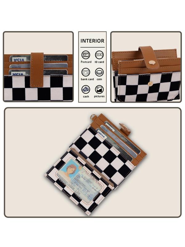 Women's Checkerboard Pattern RFID Wallet, Fashionable PU Leather Card Holder with Wrist Strap, Casual Versatile Wallet for Daily Use